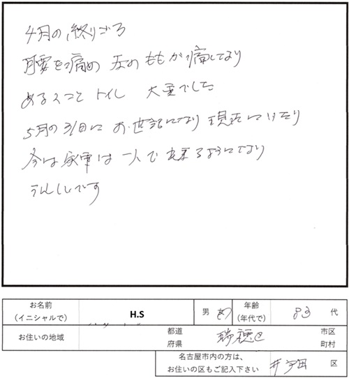 207鍼灸施術のご感想　腰痛太もも痛で歩けない眠れない