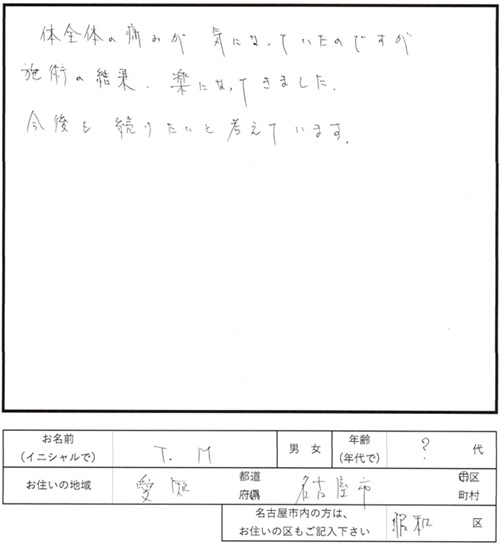 206鍼灸施術のご感想　全身の痛み