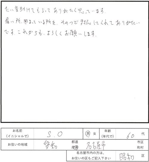 208鍼灸治療のご感想　腰痛、全身の痛み