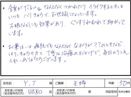 205鍼灸施術のご感想　全身のだるさ、倦怠感、不眠