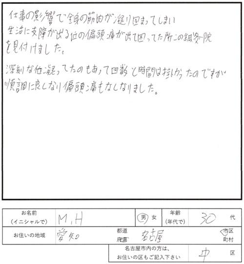 225鍼灸治療のご感想　偏頭痛（片頭痛）